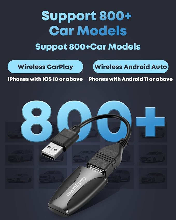 Wireless CarPlay & Android Auto Adapter - Fast & Stable Connection, Plug & Play, Universal Fit for iOS 10+/Android 11+, Transform Your Wired System to Wireless with Type-C/USB-A for 800+ Cars (2016+)