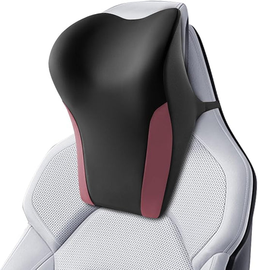 BABUR Car Neck Pillow for Driving Seat, Memory Foam Car Headrest Pillow, Ergonomic Neck Support, Breathable Removable Cover, Adjustable Strap, Pain Relief for Long Drives, Universal Fit | Red
