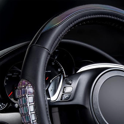 Flying Banner car Steering Wheel Cover Gel Massage Velvet Cool Warm Universal Size 15 inches SUV Truck Anti Slip Odorless Summer Winter (Black Muti-Volor Faux Leather, Gel Massage)