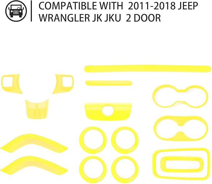 16PCS Full Set Interior Trim Kit for Jeep Wrangler JK JKU 2011-2018 4 Door,Center Console Door Handle Side Outlet Cup Holder Gear Cover Trim (Yellow)