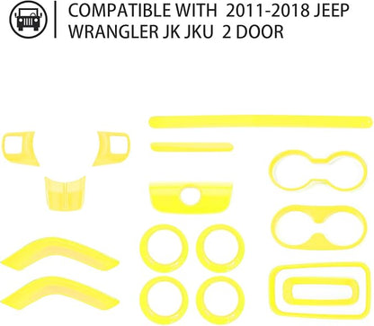 16PCS Full Set Interior Trim Kit for Jeep Wrangler JK JKU 2011-2018 4 Door,Center Console Door Handle Side Outlet Cup Holder Gear Cover Trim (Yellow)