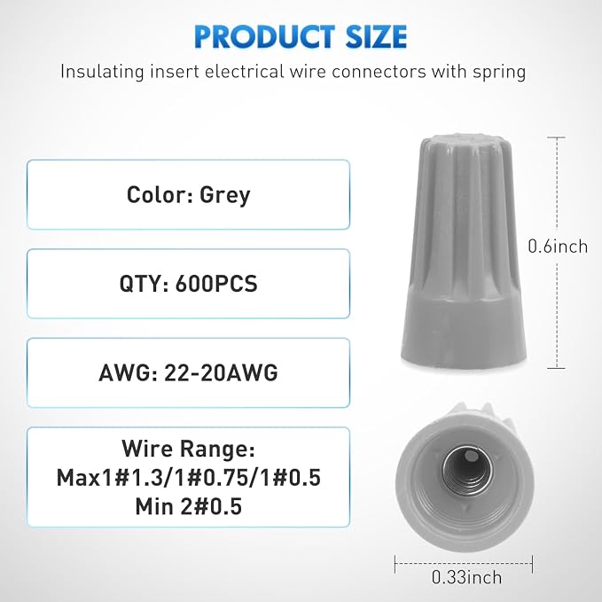 Nilight 600PCS Gray Wire Connectors Kit 22-20 AWG Electric Wire Caps Insulating Insert Twist Electrical Wire Terminal with Spring for Connect Electrical Wiring Automotive Car Truck Boats Marine