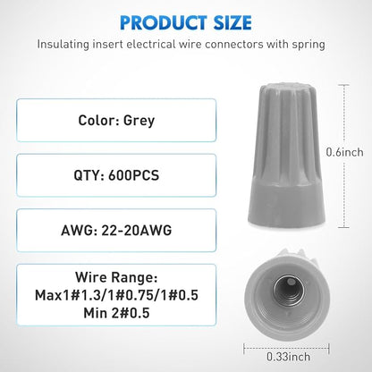 Nilight 600PCS Gray Wire Connectors Kit 22-20 AWG Electric Wire Caps Insulating Insert Twist Electrical Wire Terminal with Spring for Connect Electrical Wiring Automotive Car Truck Boats Marine