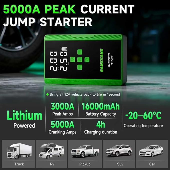 5000A Jump Starter with Air Compressor, 12V Portable Jump Box Car Battery Jumper Starter Pack for up to 9.0L Gas and 8.0T Diesel Engines with 160PSI Cordless Auto-Shutoff Tire Inflator