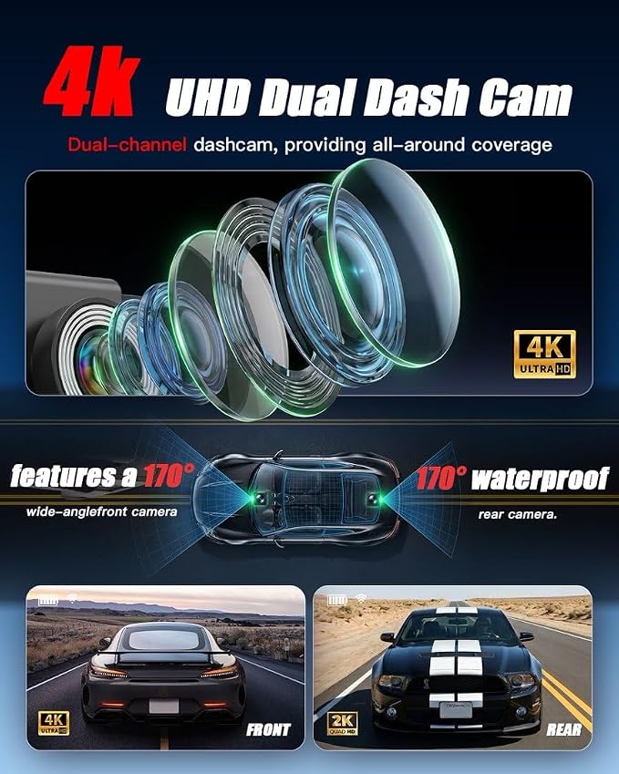 𝟒𝐊+𝟐.𝟓𝐊 Dash Cam Front and Rear, Free Card Included, 5.8GHz WiFi-25MB/s Fast Download, Dash Camera for Cars with WDR,F1.4 Large Aperture Super Night Vision,3.69-inch IPS LCD, 24H Parking Mode