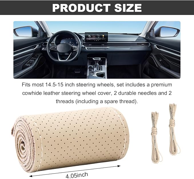 Wevdn Genuine Leather Steering Wheel Cover, Stitch on Wrap, DIY Sewing Steering Wheel Protector, 15 Inch Breathable Non-Slip Steering Wheel Protector, Car Accessories (Beige, Full Hole)
