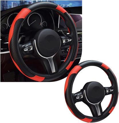 povtii Car Steering Wheel Cover, 15 Inch Leather Breathable Auto Steering Wheel Protector, Comfortable Non-Slip Vehicle Steering Wheel Covers, Universal Interior Car Accessories (Black+Red)