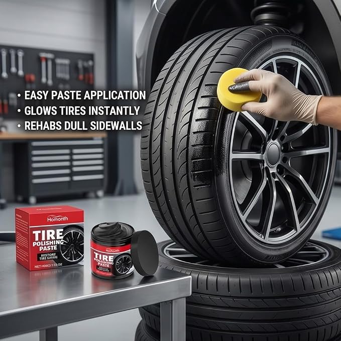 RAINPOT 2026 Tire Polishing Paste, Car Tire Shine with Sponge, Tire Wax Cream & Coating Paste for Deep Gloss, UV Protection & Waterproof Finish, Tire Restorer for Cars, Trucks, Motorcycles (1)
