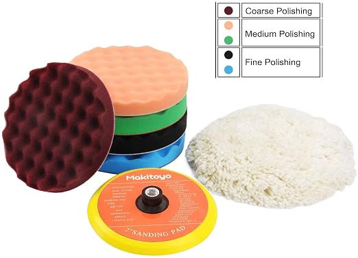 Makitoyo 7PCS 7 Inch Buffing Polishing Pads Kit,5pcs Polishing Sponge,1 pc Wool Pad,Waxing Buffing Pad Kit for Car