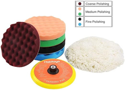 Makitoyo 7PCS 7 Inch Buffing Polishing Pads Kit,5pcs Polishing Sponge,1 pc Wool Pad,Waxing Buffing Pad Kit for Car