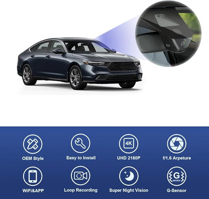 Fitcamx 4K Dash Cam Suitable for Honda Accord 2023 2024 2025 Hybrid LX Sport EX Touring EX-L (Gen11), OEM Look, 2160P UHD Video, Built-in WiFi & APP, Loop Recording, G-Sensor, Plug & Play, 64GB Card