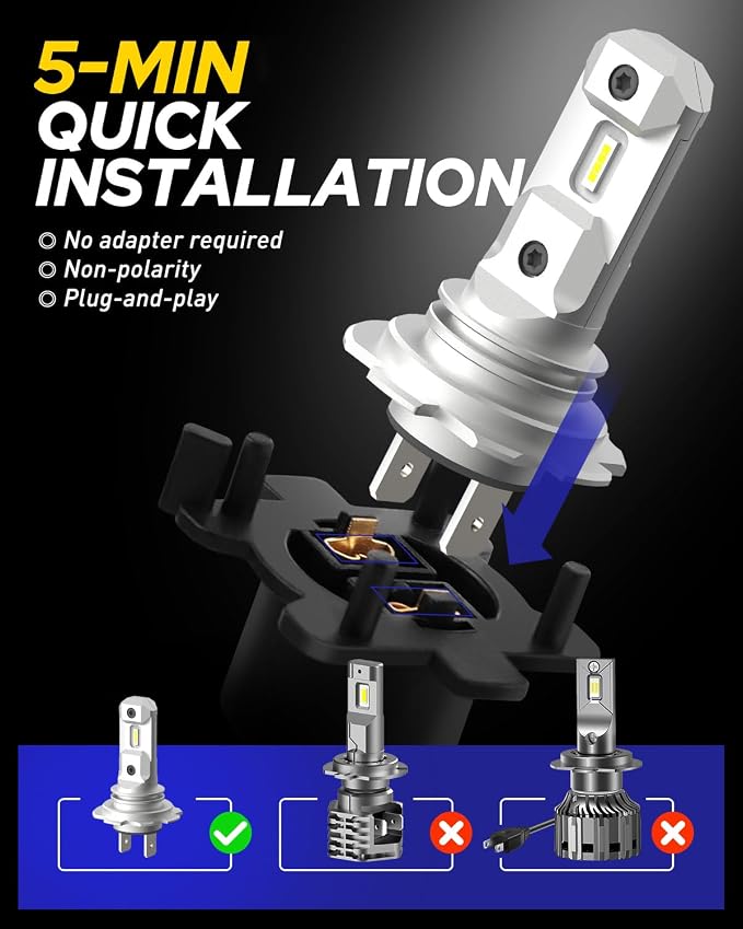 AUTOONE H7 LED Light Bulbs, 44,000LM 800% Super Brightness 6500K White, No Adapter Required, Non-Polarity Anti Flicker, 1:1 Mini Size H7LL Fog Light Bulbs for Night Driving, Plug-N-Play, Pack of 2
