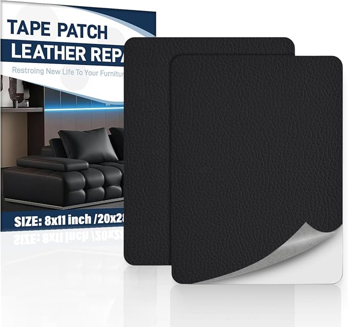 Zenyao Leather Repair Patch Tape - Self Adhesive Leather Repair Kit for Car Seat Furniture, Heavy Duty Vinyl Repair Patch for Couch Sofa, Waterproof for Rips Scratches Tears, 8x11 Inch 2 Pieces, Black