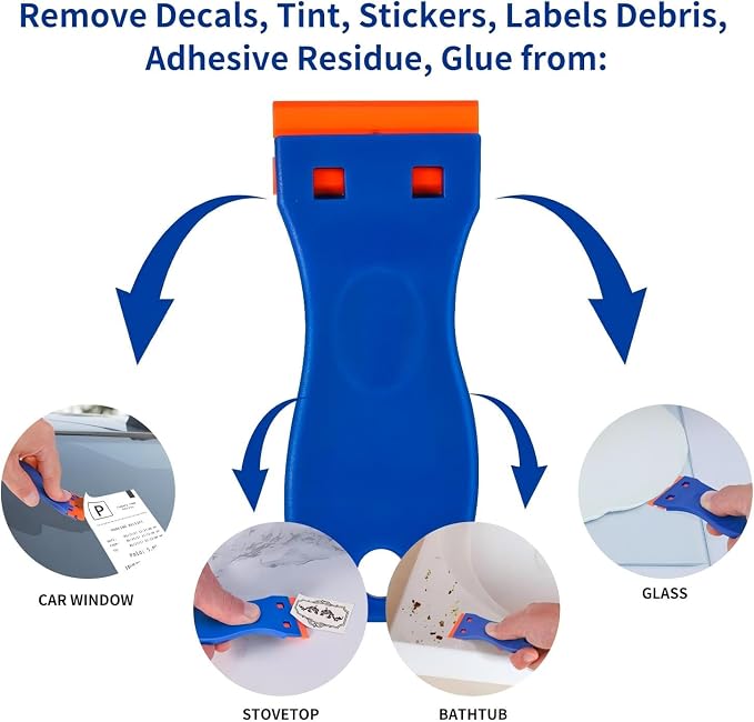 8 PCS Plastic Razor Blade Scraper Tool with 100 PCS Extra Blades, Cleaning Scraper Remover for Stickers Lables Paints Adhesives on Window Glass Car