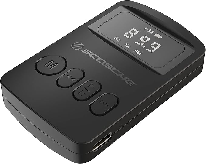 Scosche BTTRFM Portable Bluetooth Transmitter & Receiver + FM Adapter, Wireless Audio Adapter for Car, TV, Airplane, Home Stereo, Headphones with AUX & FM, Low Latency, 30–40ft Range, 7hr Battery Life