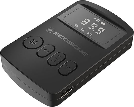Scosche BTTRFM Portable Bluetooth Transmitter & Receiver + FM Adapter, Wireless Audio Adapter for Car, TV, Airplane, Home Stereo, Headphones with AUX & FM, Low Latency, 30–40ft Range, 7hr Battery Life