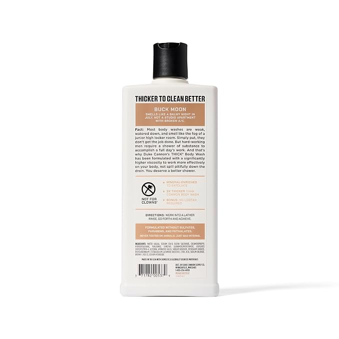 Duke Cannon Supply Co. Thick High Viscosity Body Wash – 3X Thicker, Cleansing Shower and Bath Gel, Mineral-Enriched for Men – Shower Gel – Men’s Body Scrub – Buck Moon (18 oz)