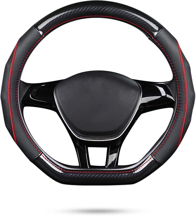 Ergocar Car Steering Wheel Cover Non-Slip Car Steering Wheel Protector Sport D-Shape Carbon Fiber & First Layer Cowhide Universal for Diameter 38cm(15") (D-Black-red)