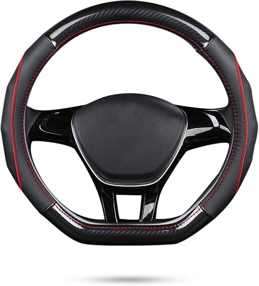 Ergocar Car Steering Wheel Cover Non-Slip Car Steering Wheel Protector Sport D-Shape Carbon Fiber & First Layer Cowhide Universal for Diameter 38cm(15") (D-Black-red)