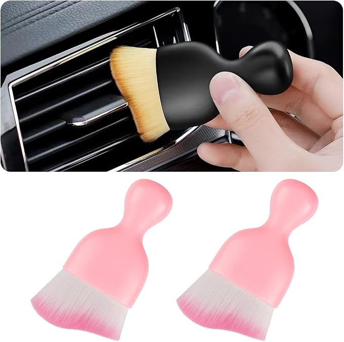 Blilo 2PCS Car Interior Detailing Brush with Dust Cover, Auto Soft Hair Cleaning Brushes, Scratch Free Curved Dirt Collectors, for Vehicle Dashboard Air Conditioner Vents Leather(Pink)