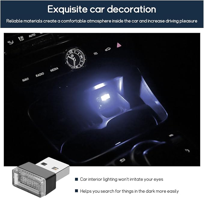 Dickno 4 PCS USB LED Car Interior Atmosphere Lamp, Portable Mini LED Night Light, Plug-in USB Interface Trunk Ambient Lighting Kit, Universal Vehicle Interior Accessories (White)