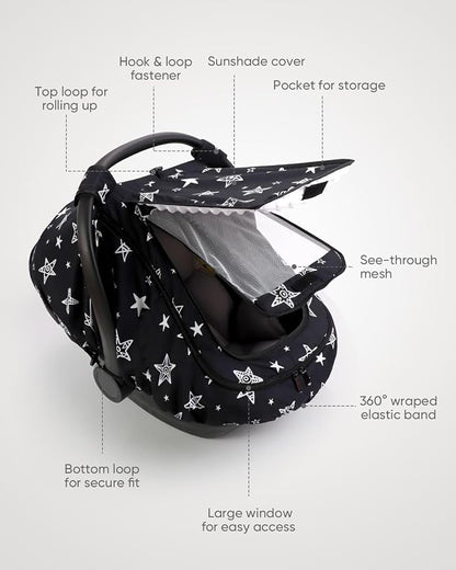 Car Seat Cover Baby Boy, Infant Car Seat Canopy Outdoor, 2 Layers with Mesh and Sun Shade Window for Summer Winter, Easy Access Carseat Covers Snug Fit Baby Stroller - Black Star