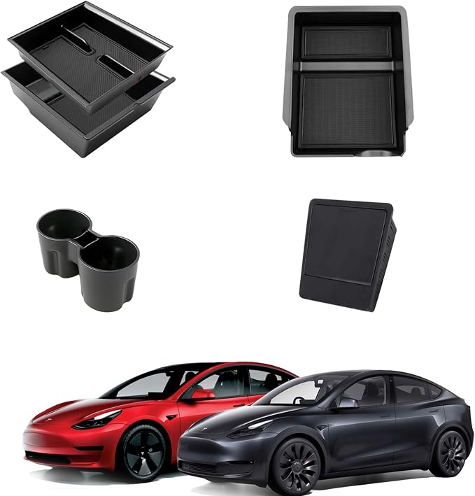 5PCS Center Console Organizer Tray for Tesla Model Y 2021 2022 2023 2024, 2021-2022 Tesla Model 3 Interior Accessories Armrest Storage Tray Hidden Storage Box Cup Holder (5PCS)