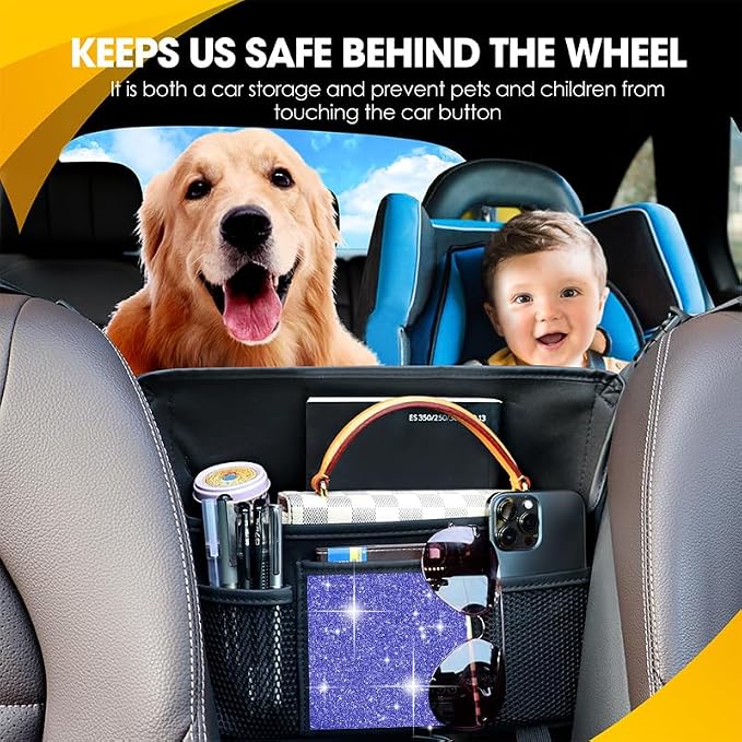 Blue Diamond Car Handbag Holder Between Seats Bling Rhinestone Car Storage Bag Large Capacity Purse Phone Tablet Automotive Consoles Organizer Safe Barrier of Backseat Pet Kids…