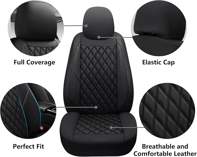Premium Leather Car Seat Covers Front Pair,Universal Fit for Cars,Trucks&SUVs,Waterproof Car Seat Cushion,Full Coverage Car Seat Protector with 2 Seats,Black