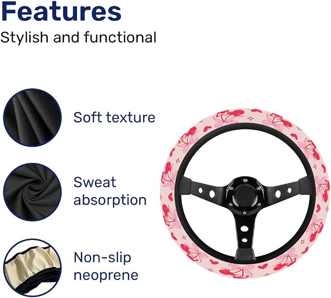 GENANY Pink Cartoon Mouse Steering Wheel Cover, Non Slip Polyester Car Wheel Protector for Car SUV Truck, Universal 15 Inch