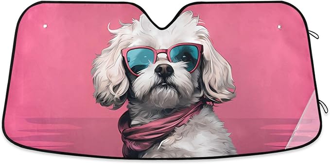 Cars Front Sun Shade Windshield,Foldable Reflective Sun Visor Cute Dog Maltipoo Pink Windshield Sunshade Cover,Blocks UV Ray Sun Protect Interior Keep Cool,55" x 27.6"