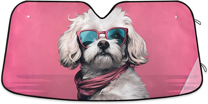 Cars Front Sun Shade Windshield,Foldable Reflective Sun Visor Cute Dog Maltipoo Pink Windshield Sunshade Cover,Blocks UV Ray Sun Protect Interior Keep Cool,53" x 23.5 "