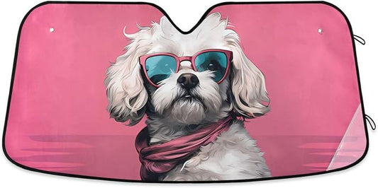Cars Front Sun Shade Windshield,Foldable Reflective Sun Visor Cute Dog Maltipoo Pink Windshield Sunshade Cover,Blocks UV Ray Sun Protect Interior Keep Cool,53" x 23.5 "