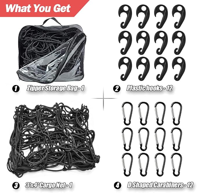 Natural Latex Core Cargo Net for Car SUV Roof Rack | 3'x4' Stretches to 6'x8' Small Bungee Net for Pickup Bed | 12 Carabiners + 12 Hooks | Tight 4”x4” Mesh for Ford, Dodge, Chevy, Toyota