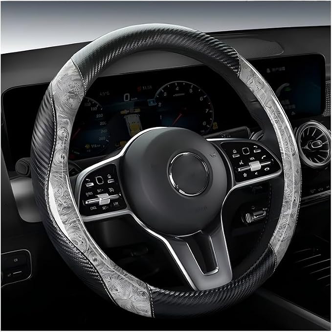 Wood Grain Steering Wheel Cover Carbon Car Steering Wheel Covers 14 1/2-15 inch with Coasters Microfiber Leather Splicing Breathable Anti-Slip Durable Universal Steering Wheel Protective - Gray