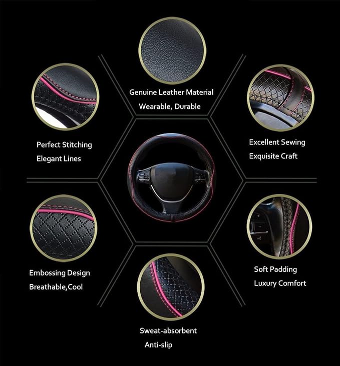 ESEWALAS Universal Car Steering Wheel Cover,Anti-Slip Leather Steering Wheel Cover,Sports Style Steering Wheel Protector,Car Interior Accessories Steering Wheel (Black with Pink)