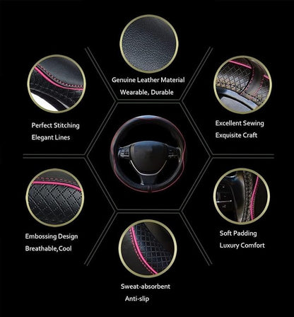 ESEWALAS Universal Car Steering Wheel Cover,Anti-Slip Leather Steering Wheel Cover,Sports Style Steering Wheel Protector,Car Interior Accessories Steering Wheel (Black with Pink)