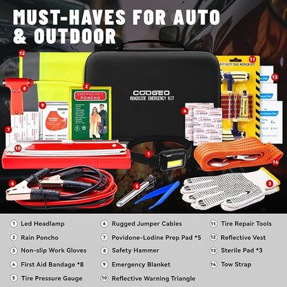 15PC Car Emergency Kit with Jumper Cables, Roadside Assistance Safety Kit for Auto & Truck, Includes Safety Hammers, Tow Strap, Warning Triangle, First Aid, Gifts for Young Men or Women, Black