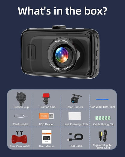 Dash Cam Front and Rear Camera, Biuone 1080P Dash Camera for Cars, Dash Cam with 3'' IPS Screen with Night Vision, G-Sensor, WDR, Loop Recording, 24/7 Parking Monitor