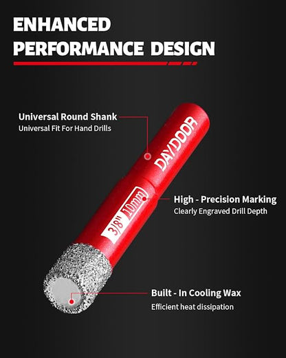 DAYDOOR Dry Diamond Drill Bits Set, 1/4" 5/16" 3/8" 1/2" Diamond Hole Saw Kit for Porcelain Tile Ceramic Glass Marble Granite, Tile Drill Bits with Cooling Wax, Round Shank (10-Piece)