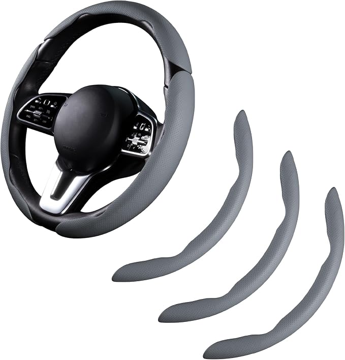 Car Steering Wheel Cover Leather Snap On 3Pcs Set Non-Slip Protector Wrap Steering Wheel Accessories 14.5-15 inch Universal Gray