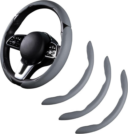 Car Steering Wheel Cover Leather Snap On 3Pcs Set Non-Slip Protector Wrap Steering Wheel Accessories 14.5-15 inch Universal Gray