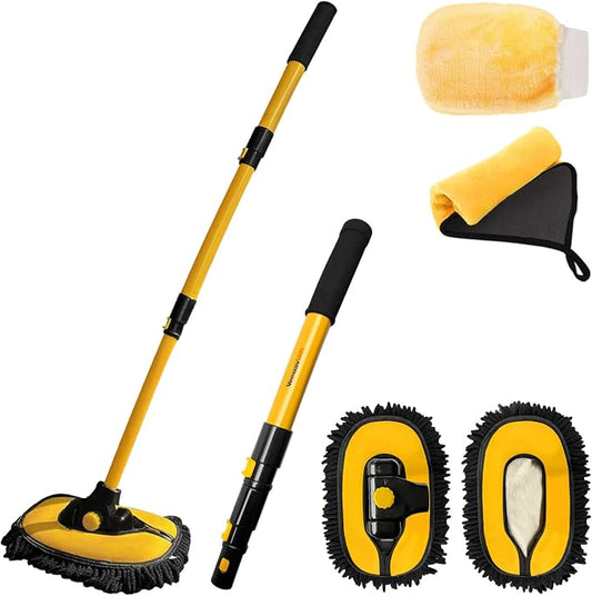 YeewayVeh Car Wash Brush Mop with Long Handle, Car Wash Kit with 2 Chenille Mop Heads, 15° Curved Extension Pole Scratch-Free Microfiber Mitt Sponge Car Cleaning Supplies Accessories, Yellow/Black