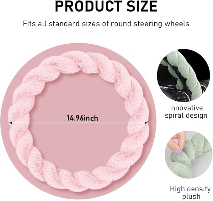 KVAEY Fluffy Car Steering Wheel Cover, 15 Inches Anti-Slip Round Fuzzy Winter Steering Wheel Protector, Soft Warm Plush Steering Wheel Cover for Women Girls, Car Accessories (Pink, Round)