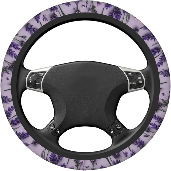 Car Steering Wheel Cover with Anti-Slip Lining, Universal 15 inch Wheel Cover, Fashion Car Interior Accessories for Women Men - Purple Lavender Flower