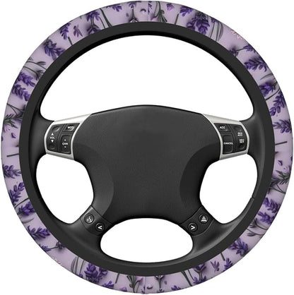 Car Steering Wheel Cover with Anti-Slip Lining, Universal 15 inch Wheel Cover, Fashion Car Interior Accessories for Women Men - Purple Lavender Flower