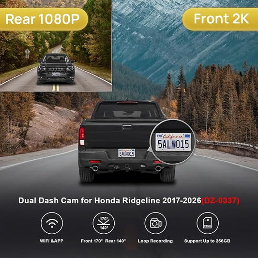 Fitcamx Front 2K+Rear 1080P Dash Cam for 2017-2026 Honda Ridgeline RT RTS RTL Trail Sport Black Edition (DZ-0337), OEM Look, Dual HD Video, WiFi & APP, Loop Recording, G-Sensor, Easy to Set, 64GB
