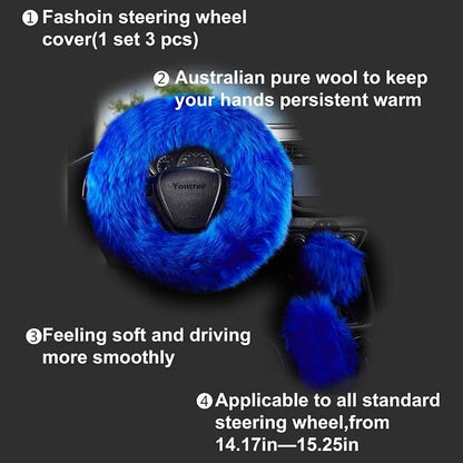 Yontree Fashion Fluffy Steering Wheel Covers for Women/Girls/Ladies Australia Pure Wool 15 Inch 1 Set 3 Pcs (Blue)