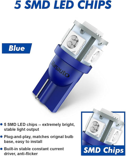 Marsauto 194 LED Bulb Blue 168 T10 2825 5SMD No Polarity Replacement Bulbs for Car Dome Map Door Courtesy License Plate Dashboard Lights Lamp 12V