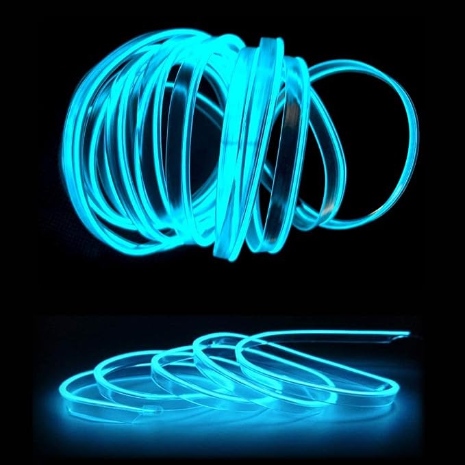 El Wire Ice Blue Interior Car LED Strip Lights, 10M Neon Wire USB 5V with Fuse Protection for Automotive Interior Decoration, with 6mm Sewing Edge